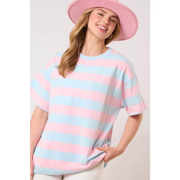 Fantastic Fawn Women’s Small Oversized Blue Pink Stripe Short Sleeve Basic Top - Picture 1 of 6